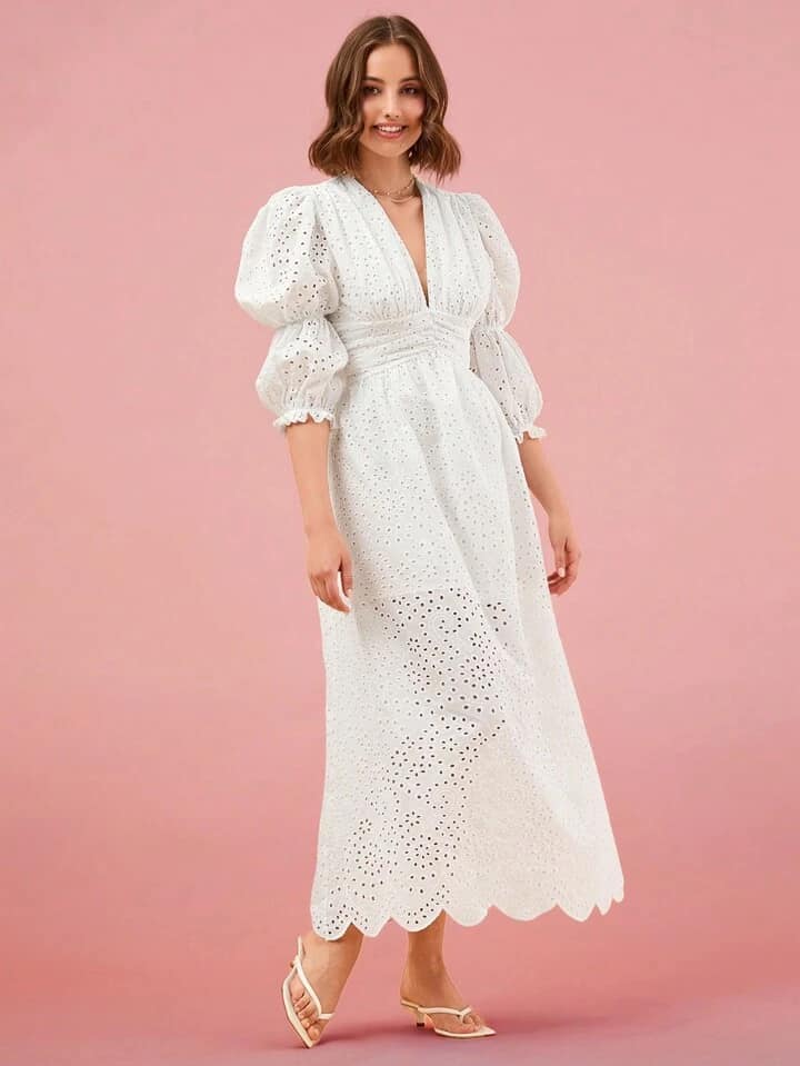 CM-DS052662 Women Elegant Seoul Style Solid Color Hollow Out Embroidery Puff Sleeve Dress - White