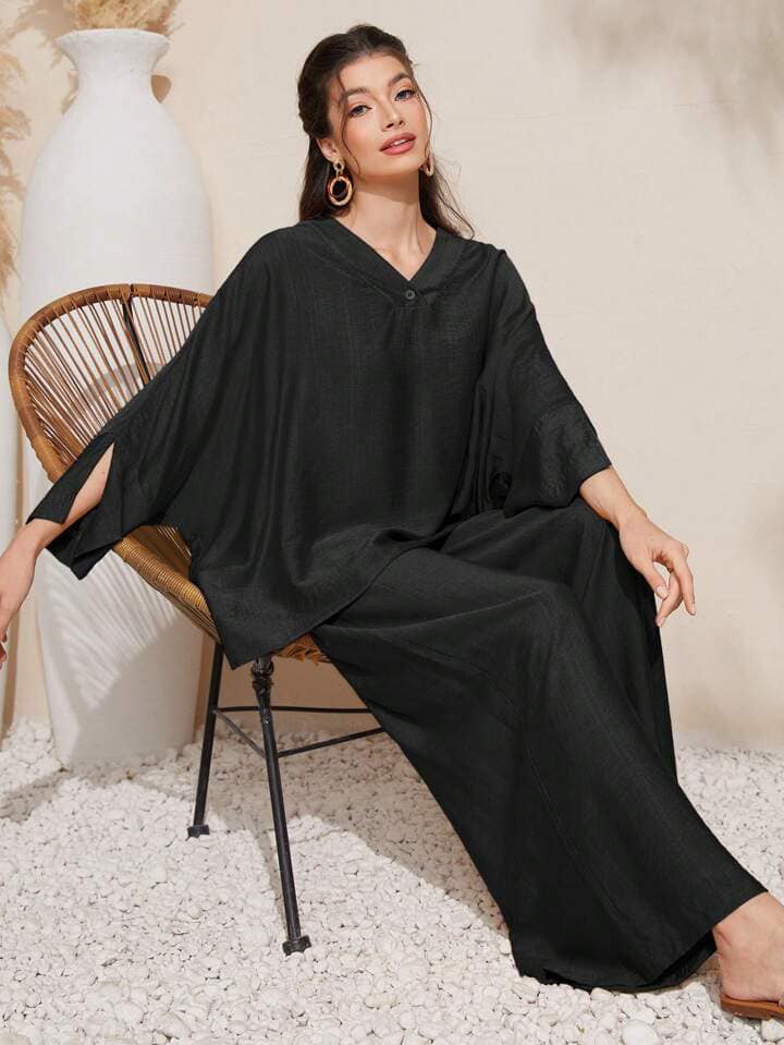 CM-SS453211 Women Trendy Bohemian Style Solid Color Batwing Sleeve Oversized Shirt With Wide Leg Pants - Set