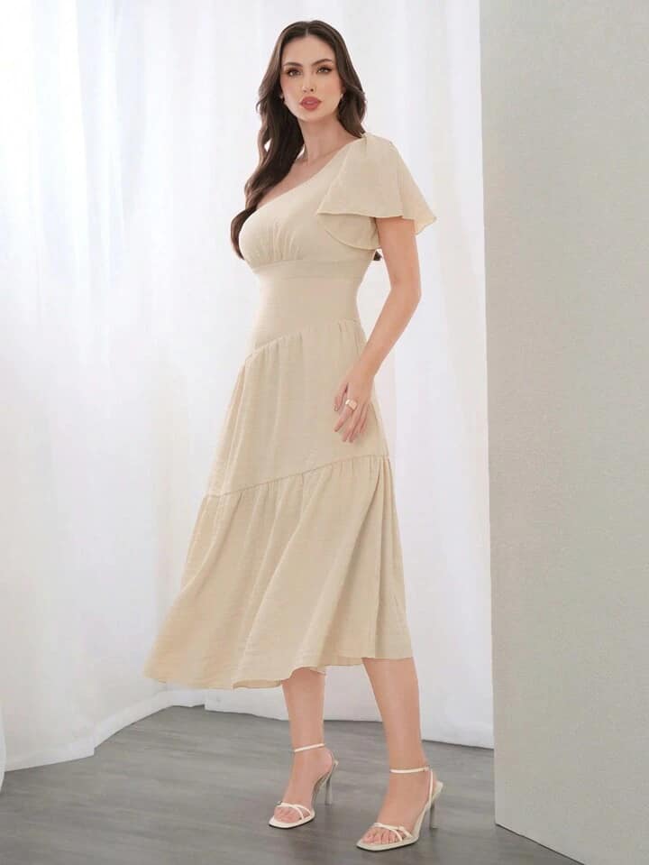 CM-DS374794 Women Elegant Seoul Style Solid Color Asymmetrical Neck Short Sleeve Maxi Dress - Apricot