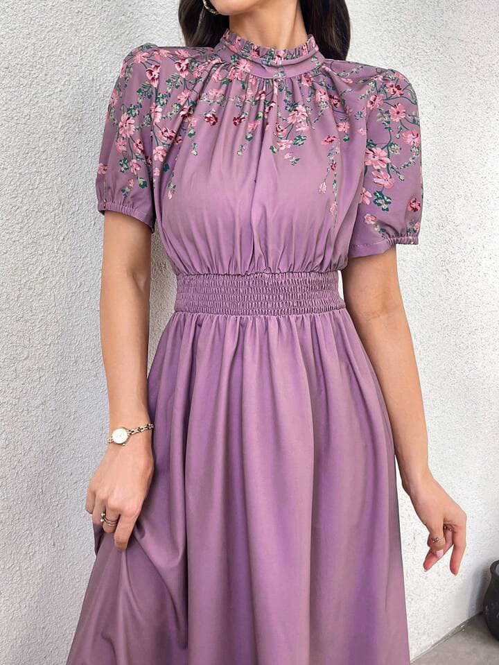 CM-DS531861 Women Elegant Seoul Styel Floral Print Stand Collar Short Sleeve Maxi Dress - Purple
