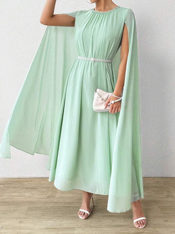 CM-DS011129 Women Elegant Seoul Style Plain Round Neck Cape Sleeve Long Dress - Mint Green