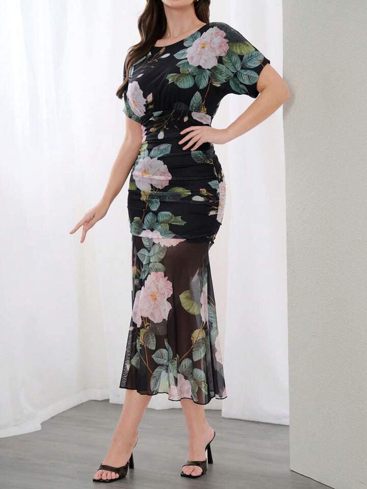 CM-DS046004 Women Elegant Seoul Style Floral Print Round Neck Short Sleeve Mermaid Dress