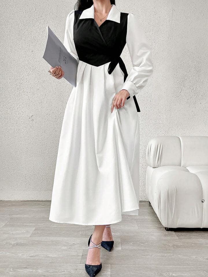 CM-DS565829 Women Casual Seoul Style Colorblock Collar Neckline Side Knot Bubble Sleeve Maxi Dress