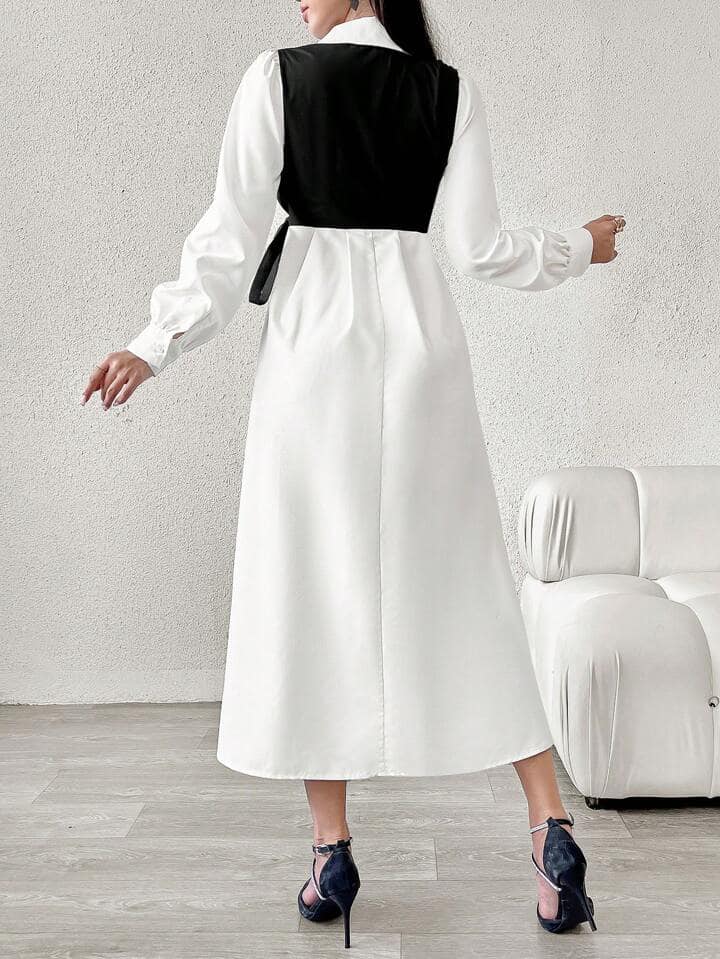CM-DS565829 Women Casual Seoul Style Colorblock Collar Neckline Side Knot Bubble Sleeve Maxi Dress