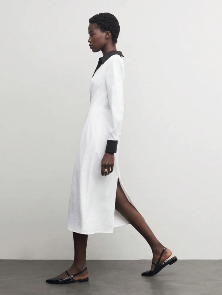 CM-DS306331 Women Casual Seoul Style Contrast Color Collar Neckline Long Sleeve Midi Dress - White