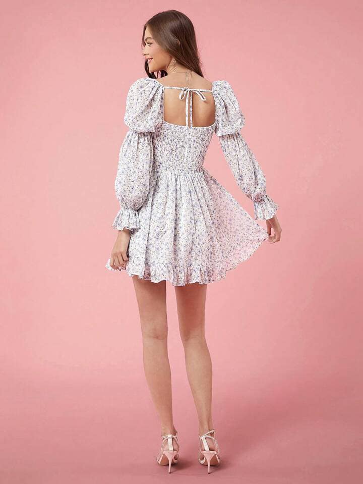 CM-DS612012 Women Elegant Seoul Style Ditsy Floral Sweetheart Collar Puff Sleeve Short Dress - Blue