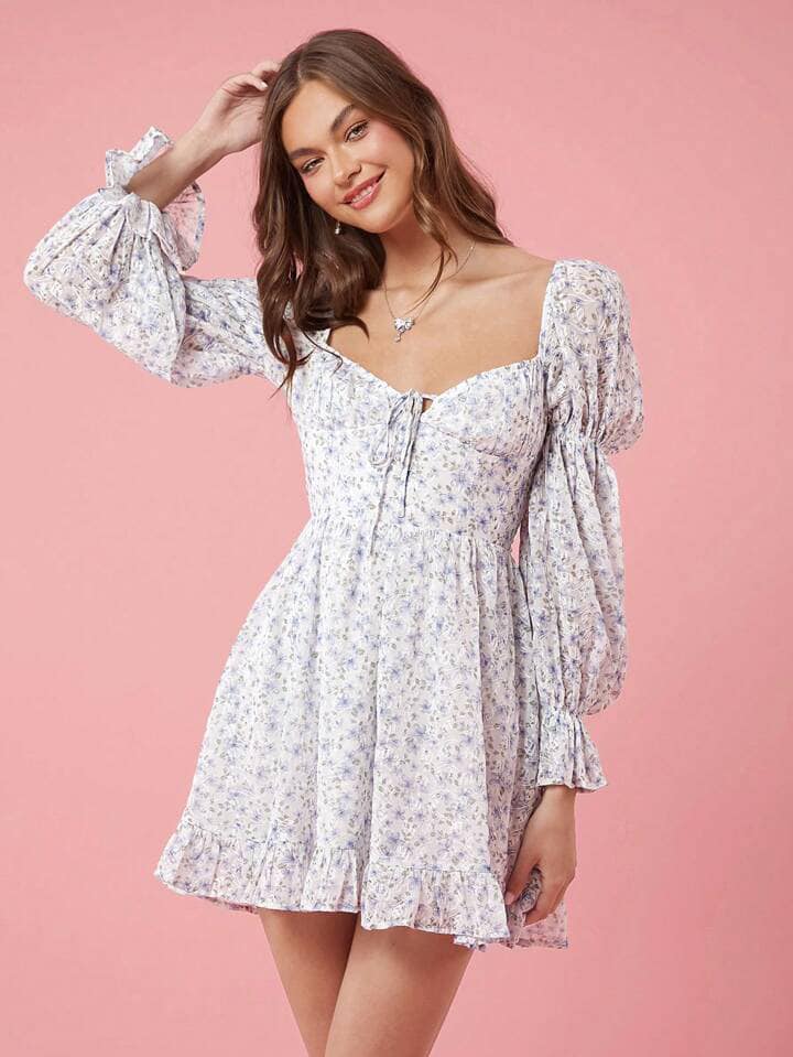 CM-DS612012 Women Elegant Seoul Style Ditsy Floral Sweetheart Collar Puff Sleeve Short Dress - Blue