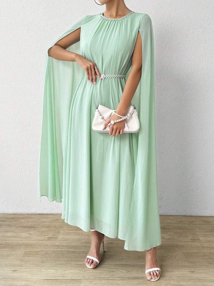 CM-DS011129 Women Elegant Seoul Style Plain Round Neck Cape Sleeve Long Dress - Mint Green