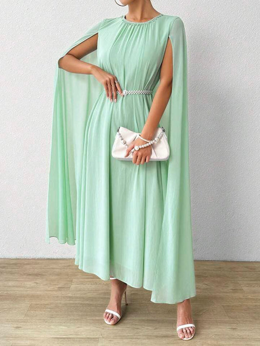 CM-DS011129 Women Elegant Seoul Style Plain Round Neck Cape Sleeve Long Dress - Mint Green