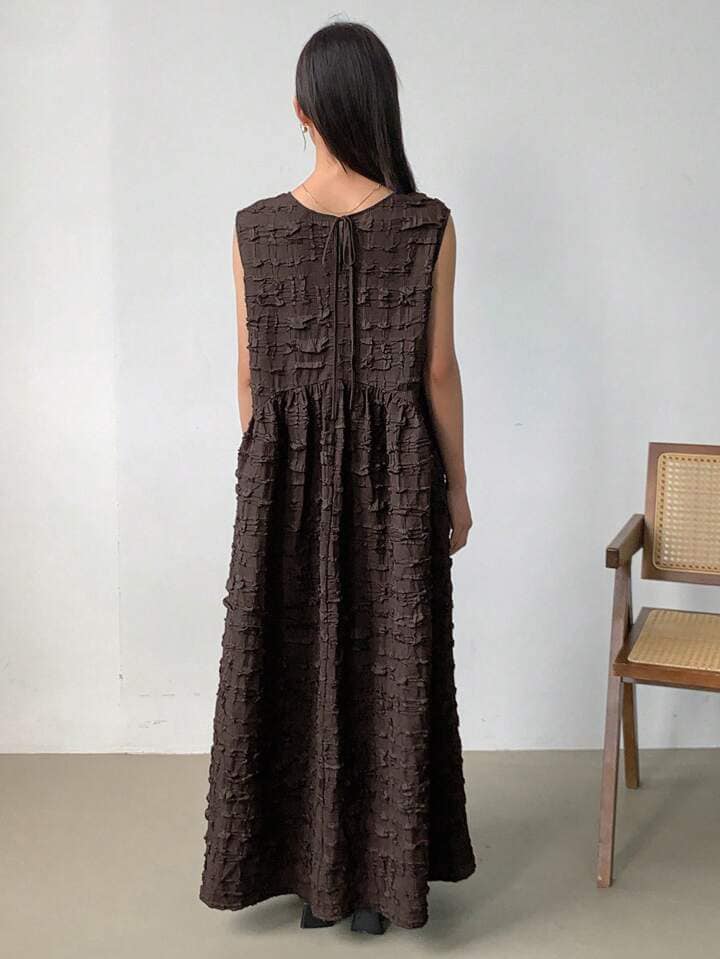 CM-DS383673 Women Trendy Bohemian Style Solid Round Neck Sleeveless Smock Dress - Brown