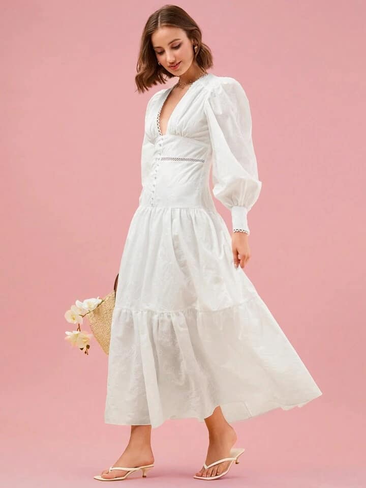 CM-DS463337 Women Elegant Seoul Style Plunging Neck Lantern Sleeve Ruffle Hem Dress - White