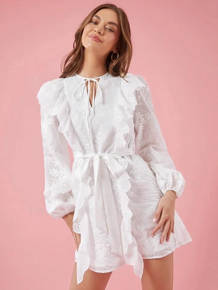 CM-DS001565 Women Elegant Seoul Style Tie Collar Lantern Sleeve Patchwork Ruffle Hem Mini Dress