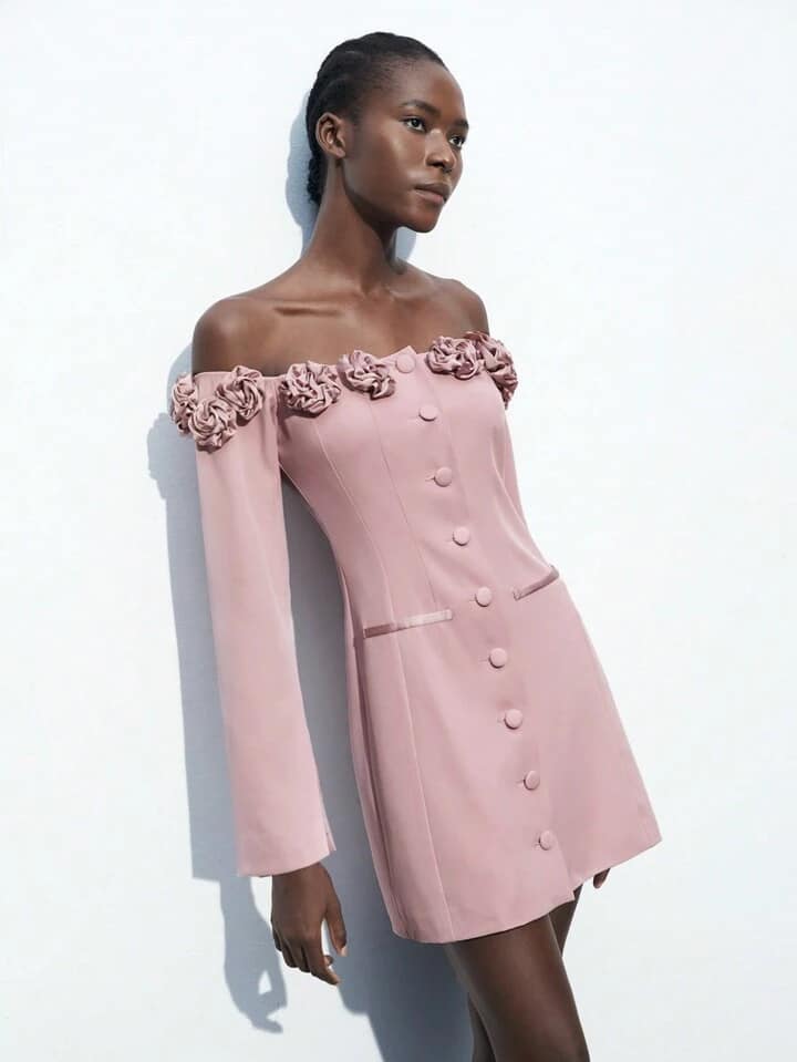 CM-DS986919 Women Elegant Seoul Style 3D Floral Off the Shoulder Long Sleeve Mini Dress - Pink