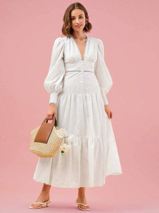 CM-DS463337 Women Elegant Seoul Style Plunging Neck Lantern Sleeve Ruffle Hem Dress - White