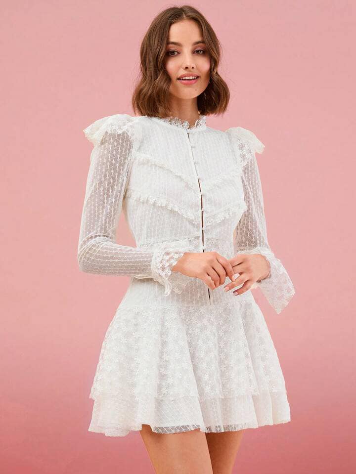CM-DS228868 Women Elegant Seoul Style Stand Collar Long Sleeve A-Line Mini Dress - White