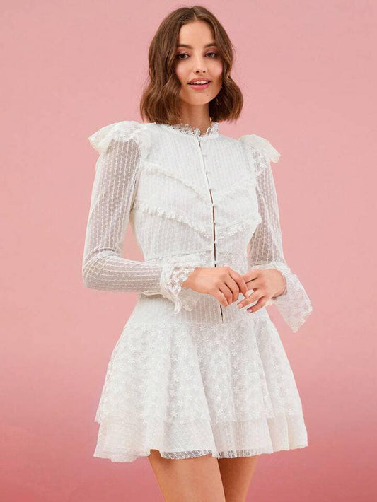 CM-DS228868 Women Elegant Seoul Style Stand Collar Long Sleeve A-Line Mini Dress - White