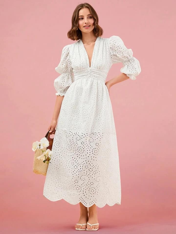 CM-DS052662 Women Elegant Seoul Style Solid Color Hollow Out Embroidery Puff Sleeve Dress - White
