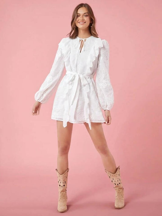 CM-DS001565 Women Elegant Seoul Style Tie Collar Lantern Sleeve Patchwork Ruffle Hem Mini Dress