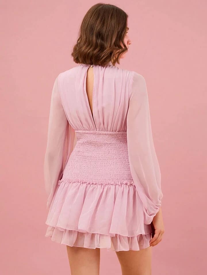 CM-DS037668 Women Elegant Seoul Style Stand Collar Long Sleeve Layered A-Line Mini Dress - Pink