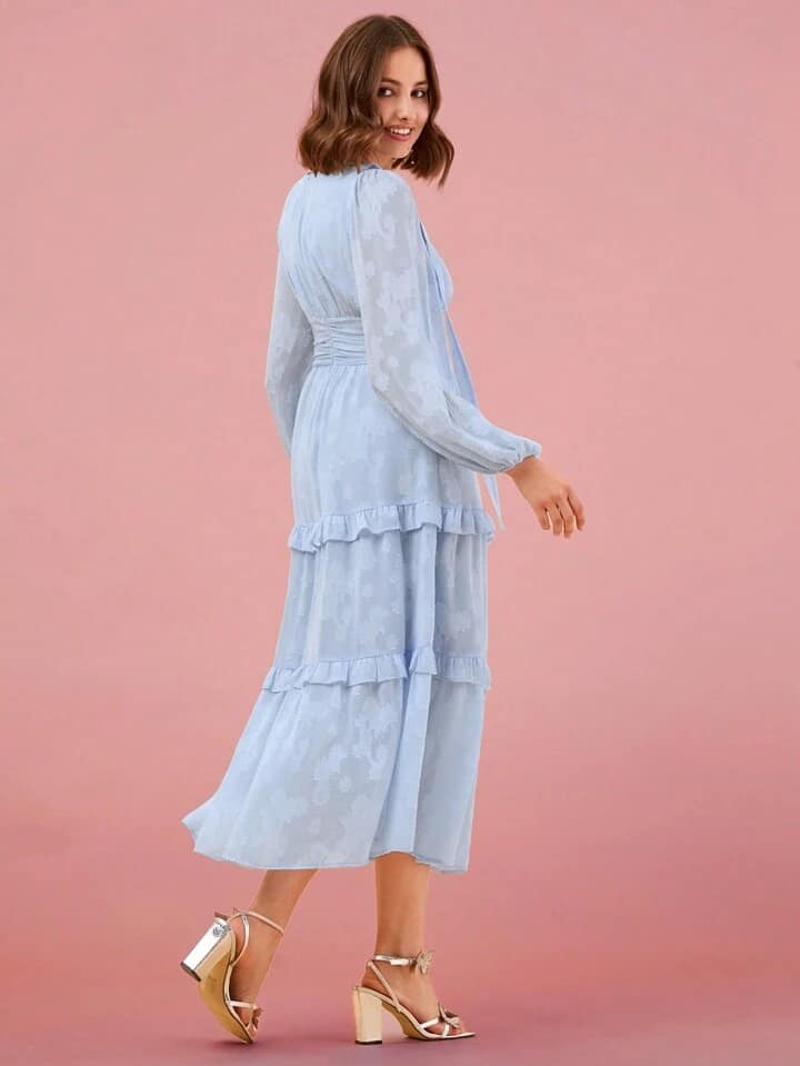 CM-DS366474 Women Elegant Seoul Style V-Neck Printed Long Sleeve A-Line Maxi Dress - Baby Blue