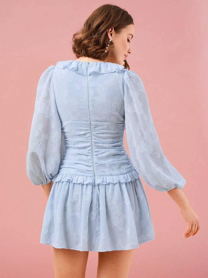 CM-DS820204 Women Elegant Seoul Style Solid Color Cutout Ruffle Trim Lantern Sleeve Dress - Baby Blue