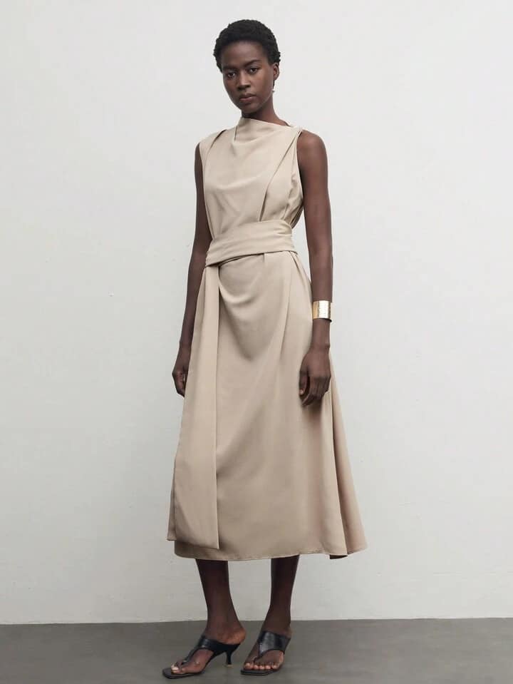 CM-DS667609 Women Elegant Seoul Style Stand Collar Sleeveless Long Belted Dress - Khaki