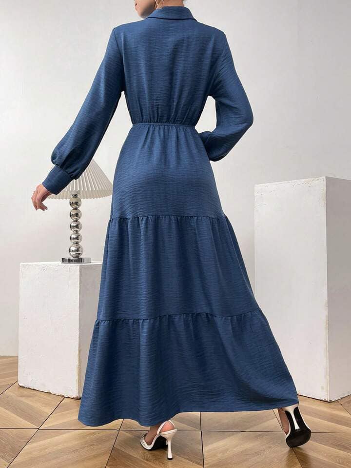 CM-DS499021 Women Elegant Seoul Style Solid Color Lantern Sleeve A-Line Long Dress - Blue