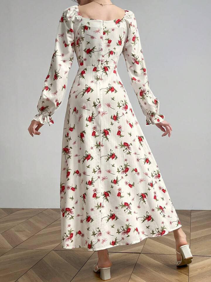 CM-DS621869 Women Elegant Seoul Style Square Neck Floral Print Ruffle Trim Tie Waist Long Dress