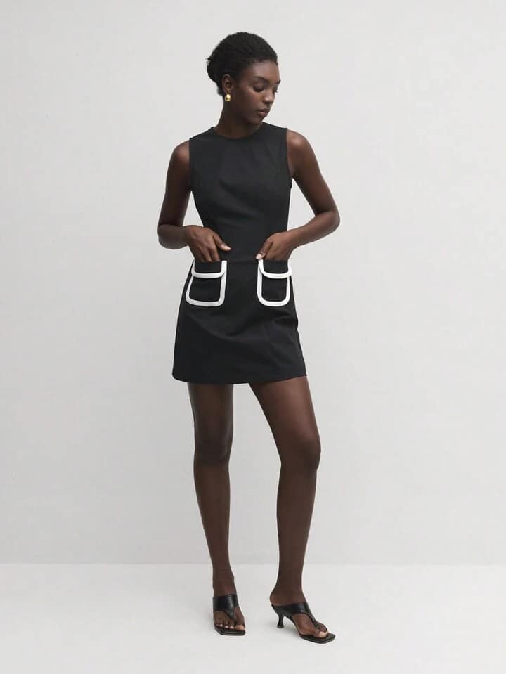 CM-DS600422 Women Elegant Seoul Style Color Block Pocketed Round Neck Sleeveless Bodycon Dress
