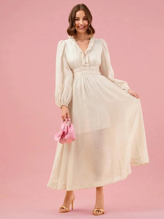 CM-DS994746 Women Elegant Seoul Style V-Neck Frill Trim Lantern Sleeve Maxi Dress - Apricot