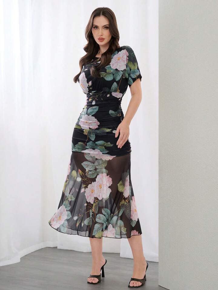 CM-DS046004 Women Elegant Seoul Style Floral Print Round Neck Short Sleeve Mermaid Dress