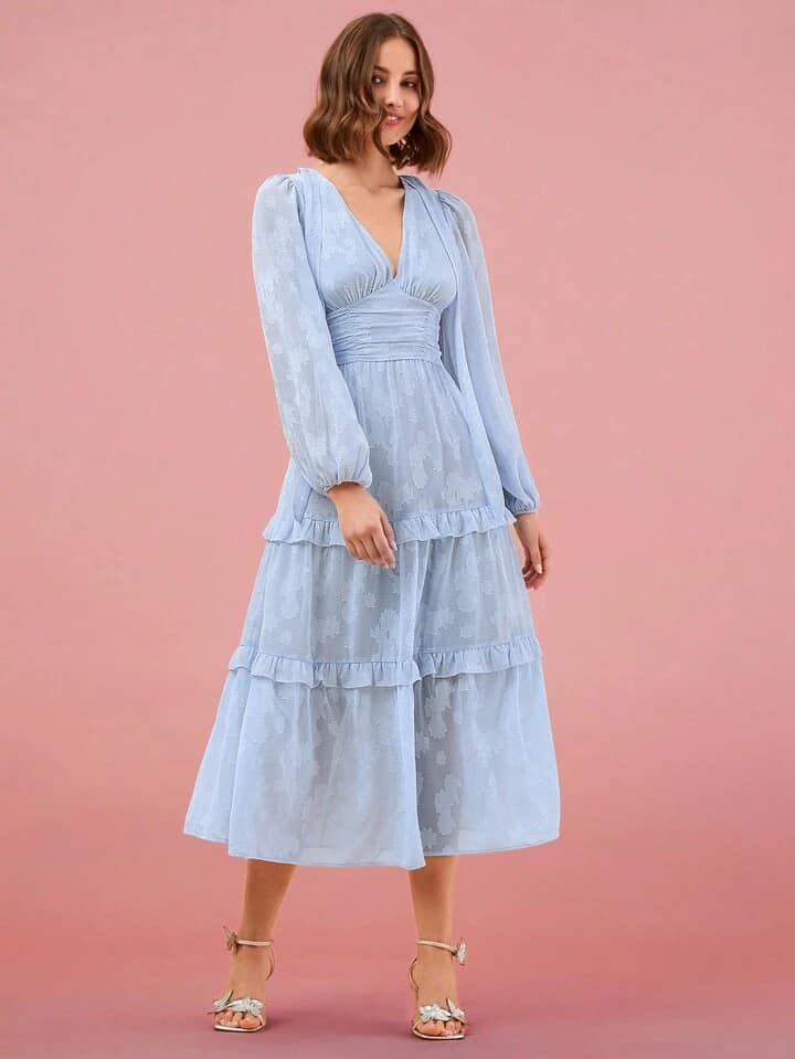 CM-DS366474 Women Elegant Seoul Style V-Neck Printed Long Sleeve A-Line Maxi Dress - Baby Blue