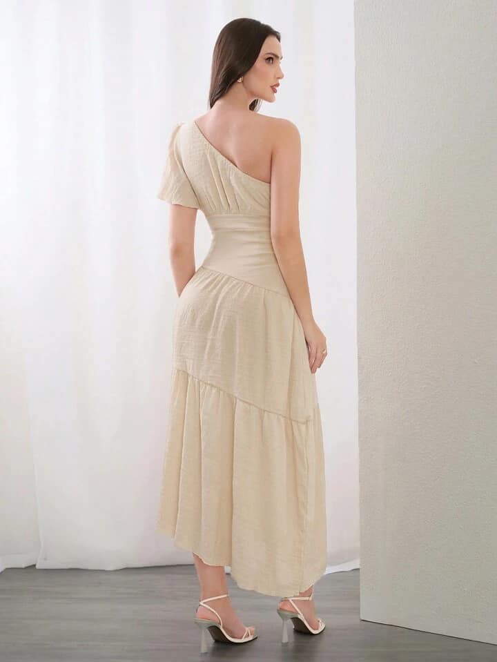 CM-DS374794 Women Elegant Seoul Style Solid Color Asymmetrical Neck Short Sleeve Maxi Dress - Apricot