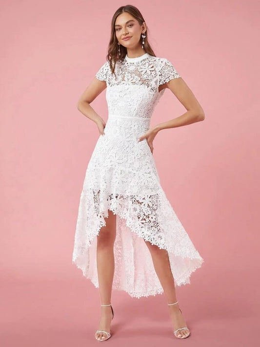 CM-DS280582 Women Elegant Seoul Style Lace Hollow Crew Neck Short Sleeve Long Dress - White