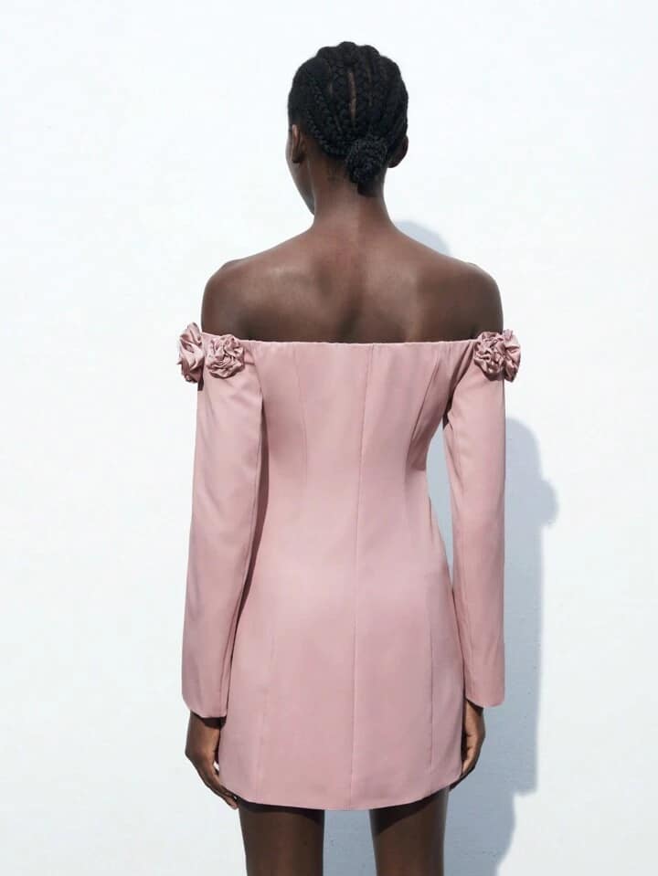 CM-DS986919 Women Elegant Seoul Style 3D Floral Off the Shoulder Long Sleeve Mini Dress - Pink