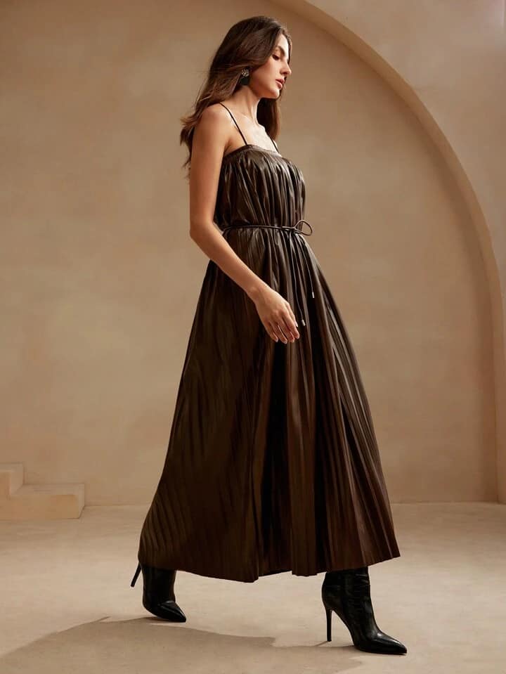CM-DS288117 Women Elegant Seoul Style Solid Color Spaghetti Strap Sleeveless Pleated Cami Dress - Coffee