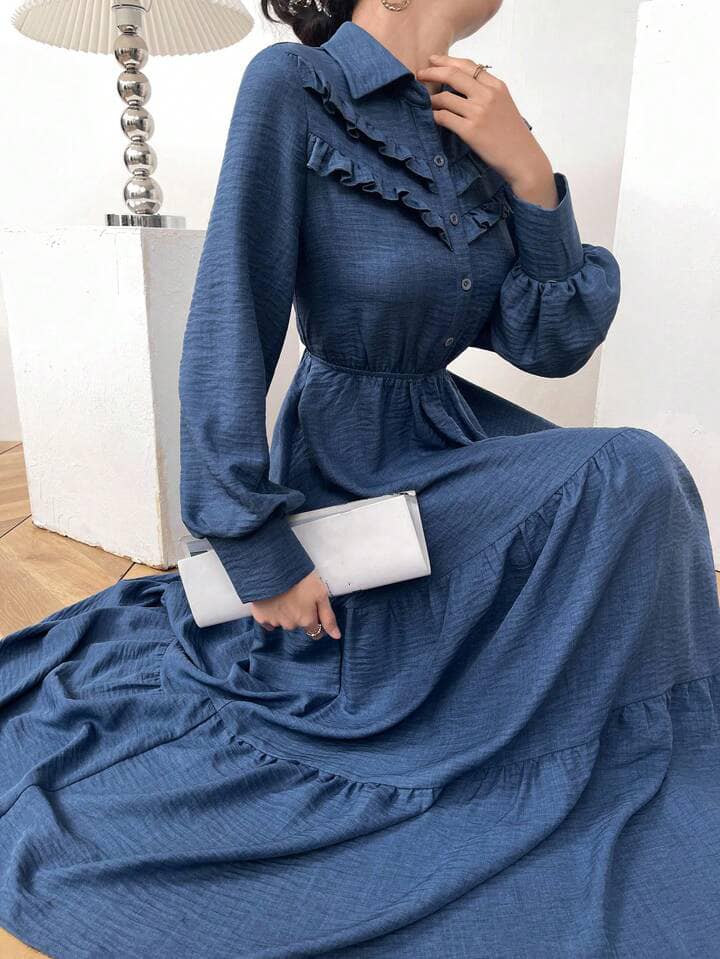 CM-DS499021 Women Elegant Seoul Style Solid Color Lantern Sleeve A-Line Long Dress - Blue
