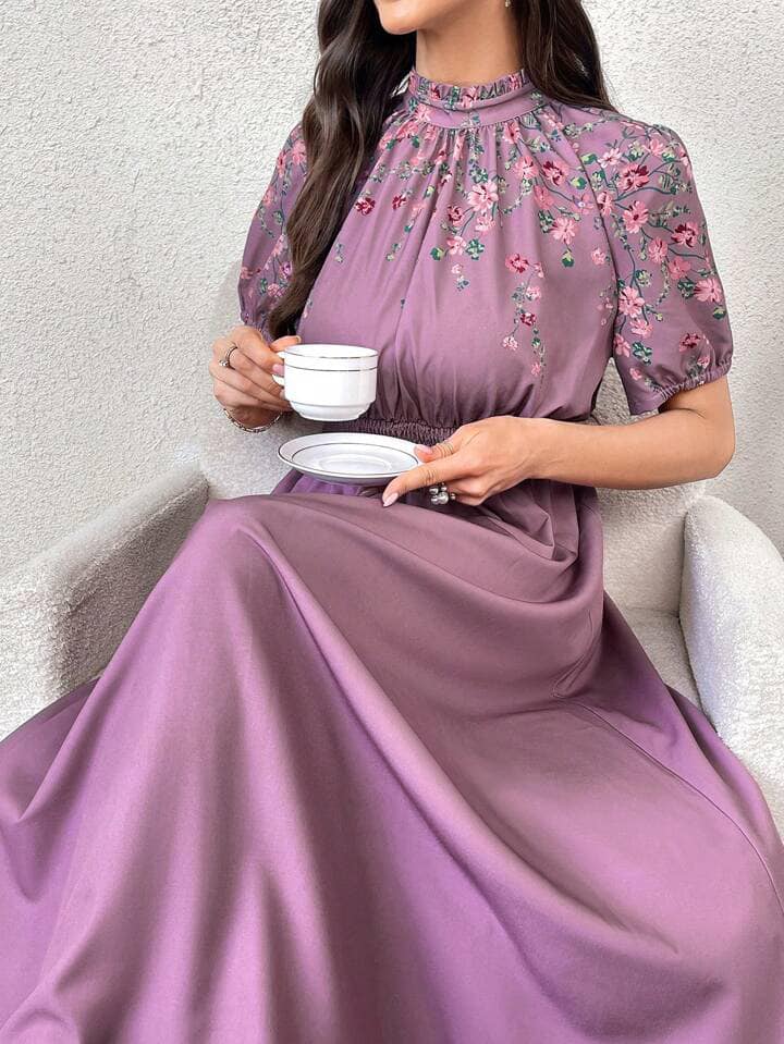 CM-DS531861 Women Elegant Seoul Styel Floral Print Stand Collar Short Sleeve Maxi Dress - Purple