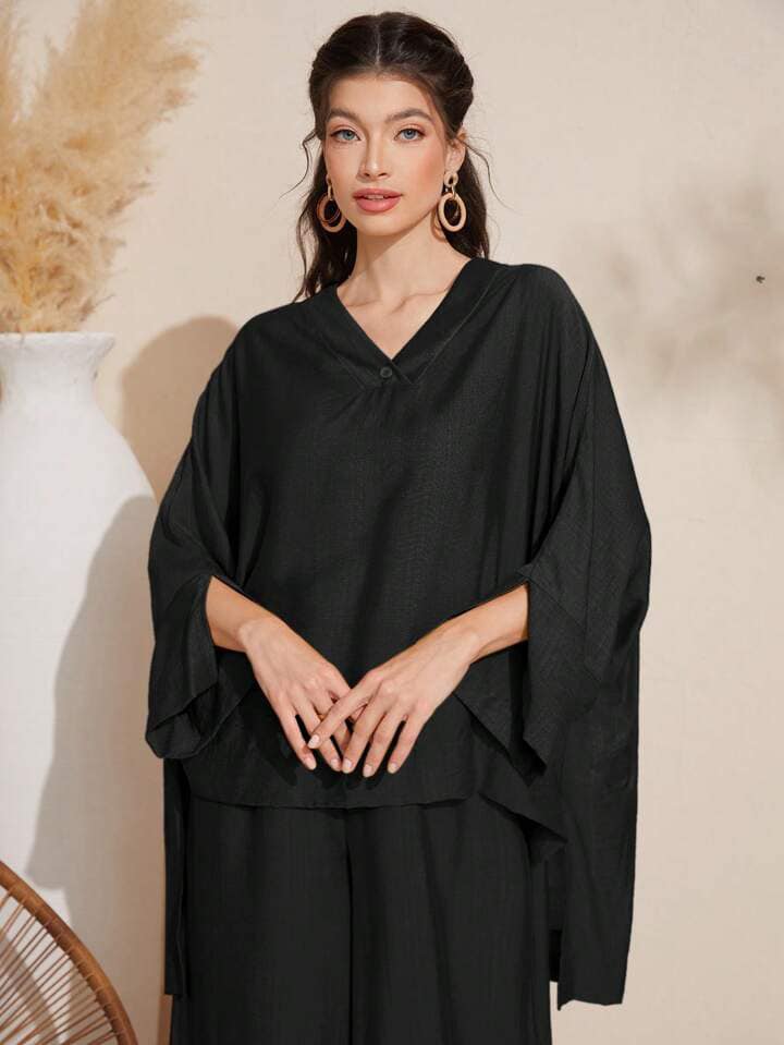 CM-SS453211 Women Trendy Bohemian Style Solid Color Batwing Sleeve Oversized Shirt With Wide Leg Pants - Set