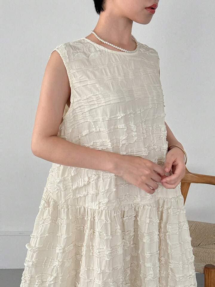 CM-DS445828 Women Trendy Bohemian Style Solid Round Neck Sleeveless Smock Dress - Beige