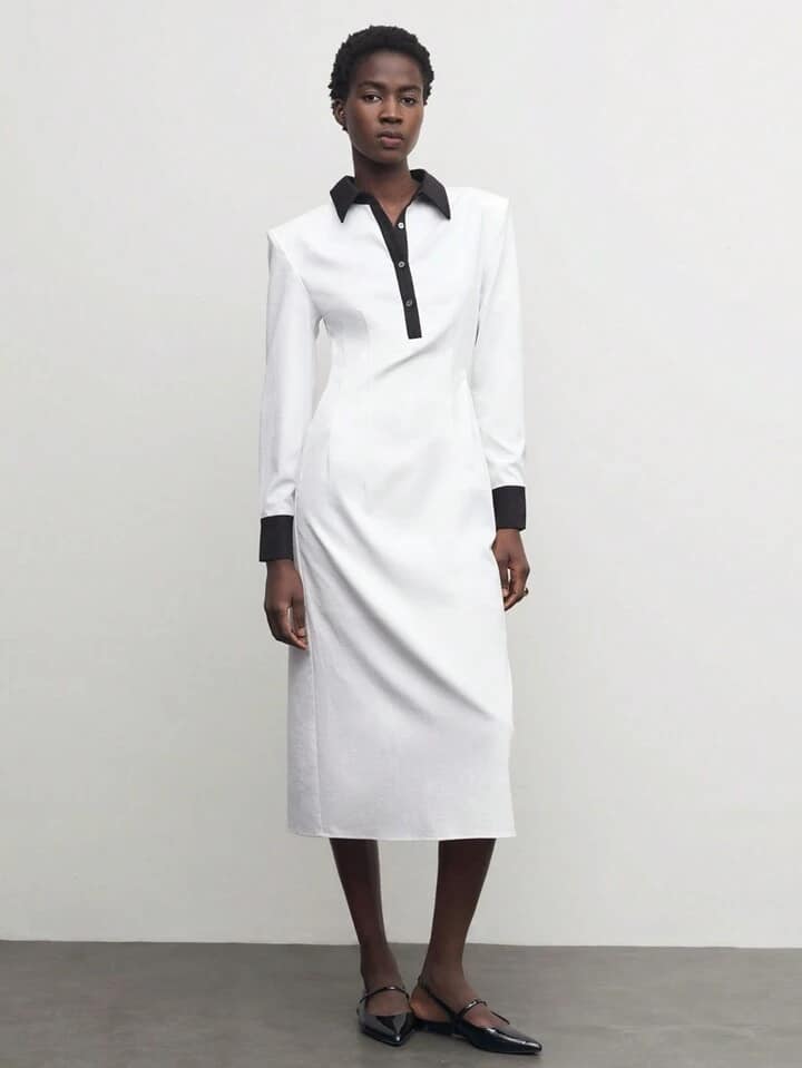 CM-DS306331 Women Casual Seoul Style Contrast Color Collar Neckline Long Sleeve Midi Dress - White