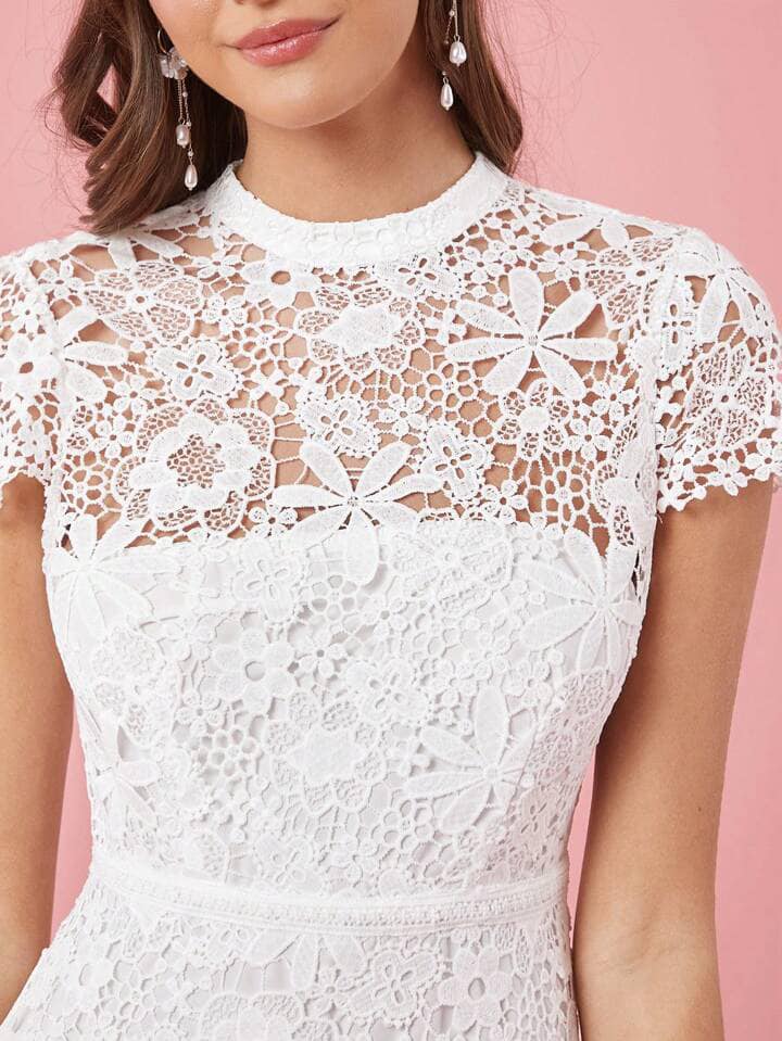 CM-DS280582 Women Elegant Seoul Style Lace Hollow Crew Neck Short Sleeve Long Dress - White