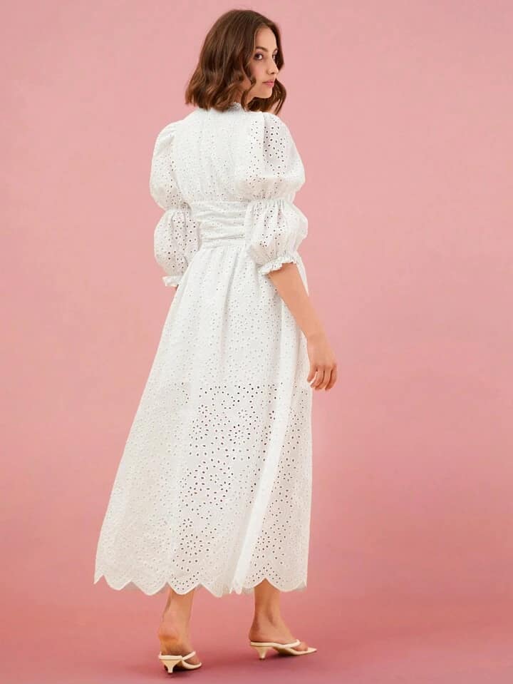 CM-DS052662 Women Elegant Seoul Style Solid Color Hollow Out Embroidery Puff Sleeve Dress - White