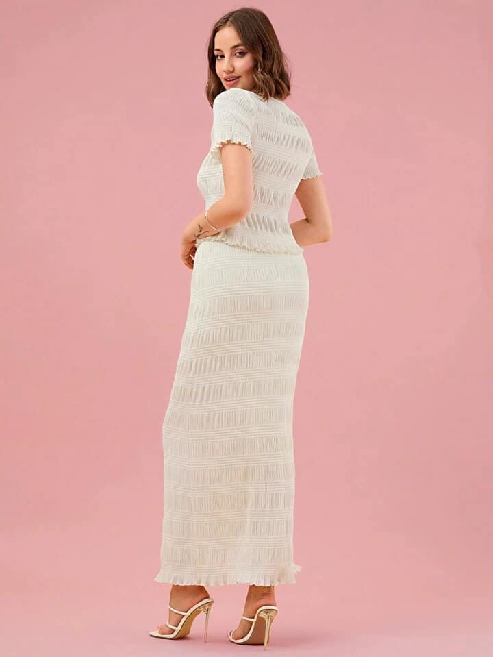 CM-SS639379 Women Elegnat Seoul Style Solid Color Round Neck Short Sleeve Shirt With Maxi Skirt - Set