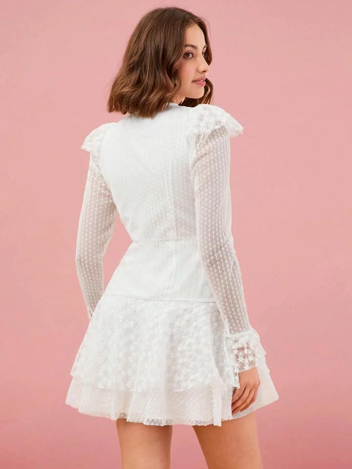 CM-DS228868 Women Elegant Seoul Style Stand Collar Long Sleeve A-Line Mini Dress - White