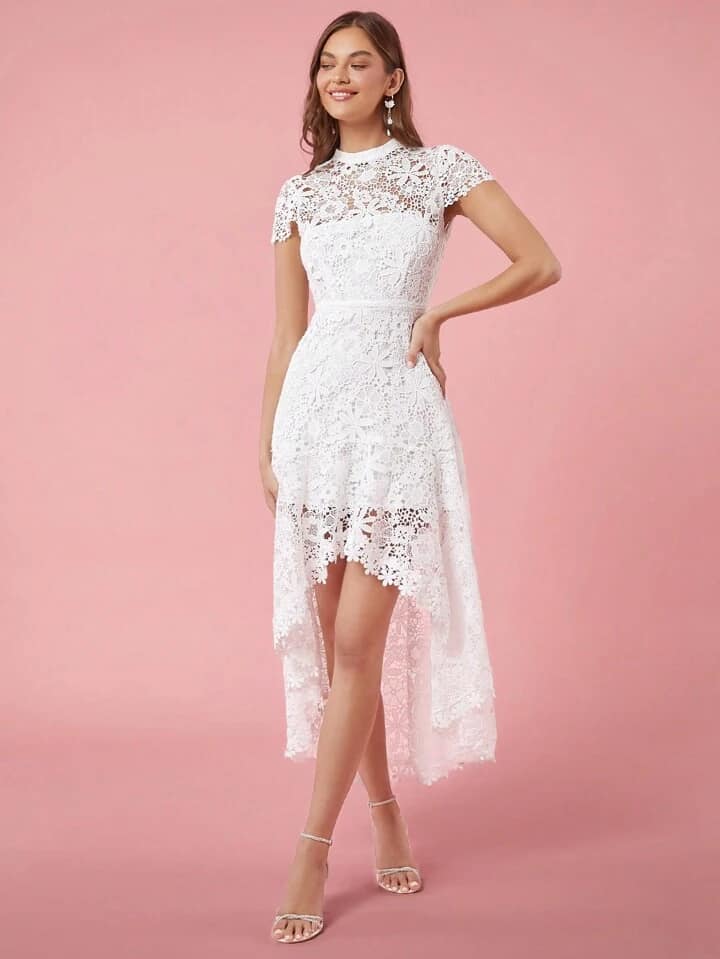 CM-DS280582 Women Elegant Seoul Style Lace Hollow Crew Neck Short Sleeve Long Dress - White