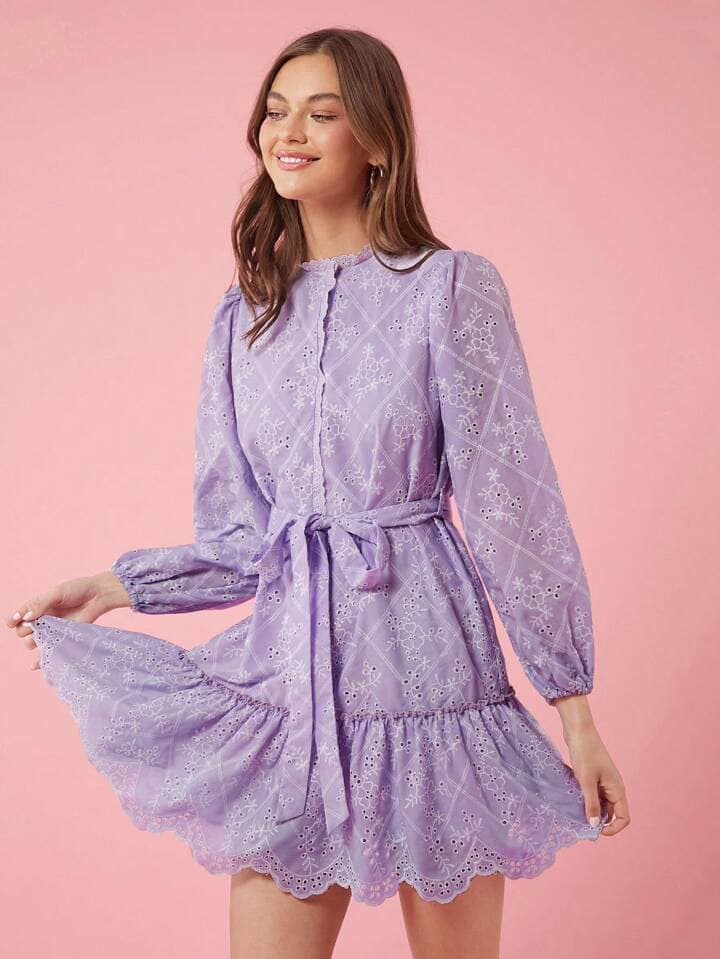 CM-DS323883 Women Elegant Seoul Style Embroidered Printed Dress With Belt Decoration - Mauve Purple
