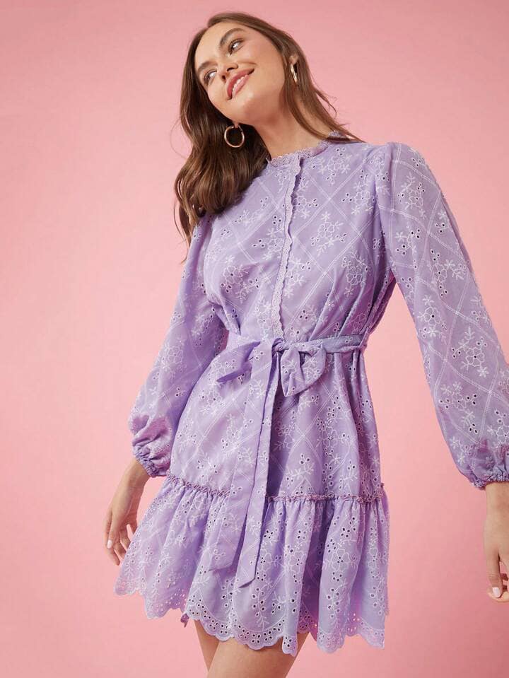CM-DS323883 Women Elegant Seoul Style Embroidered Printed Dress With Belt Decoration - Mauve Purple