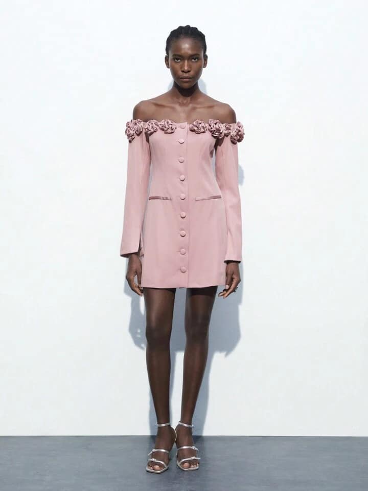 CM-DS986919 Women Elegant Seoul Style 3D Floral Off the Shoulder Long Sleeve Mini Dress - Pink