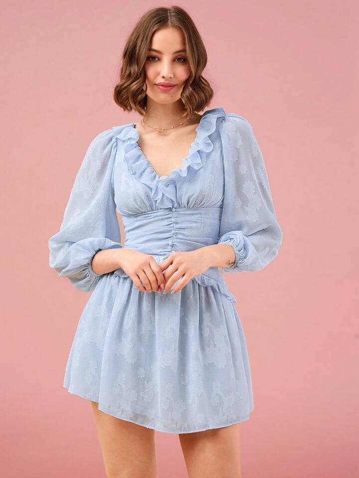 CM-DS820204 Women Elegant Seoul Style Solid Color Cutout Ruffle Trim Lantern Sleeve Dress - Baby Blue